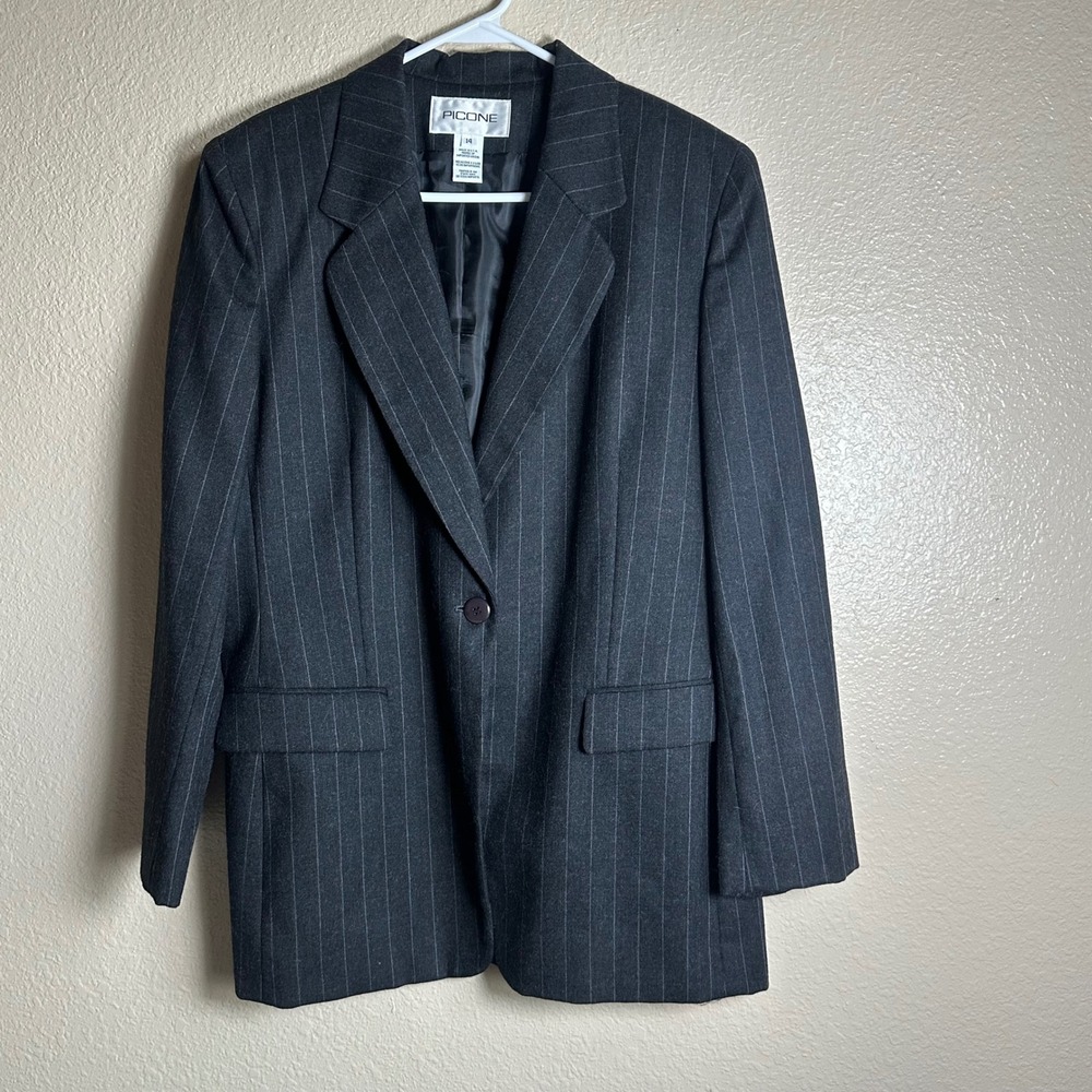 Vintage Picone Charcoal Grey Pinstripe Wool Blend Blazer Jacket Size 14‎ USA EUC
